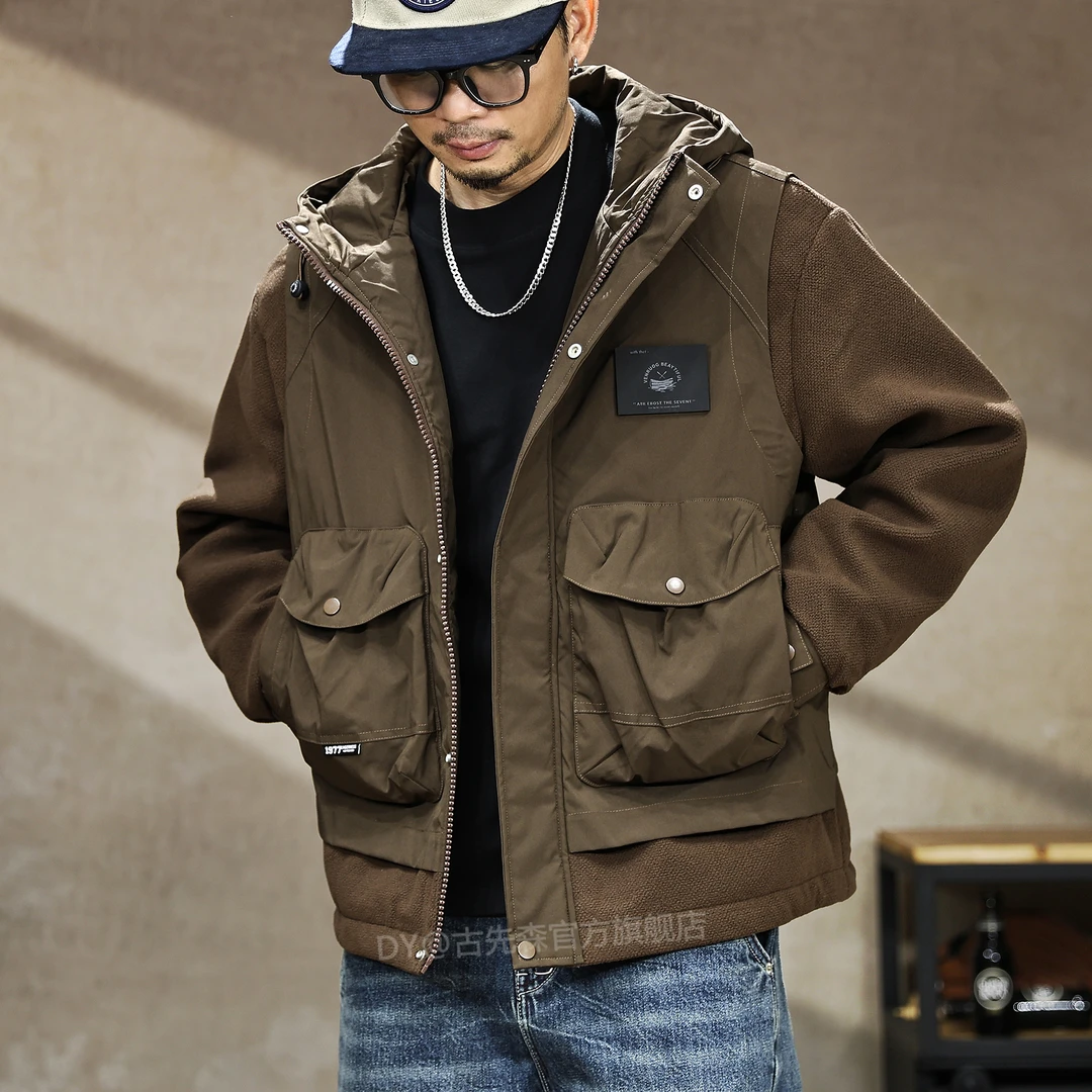 美式高端假两件工装连帽棉衣男秋冬新款加厚保暖复古棉服外套男装