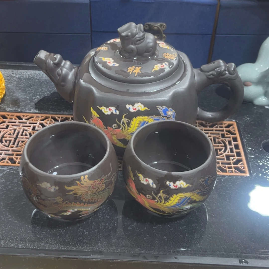 茶杯紫砂一壶4杯2龙2凤