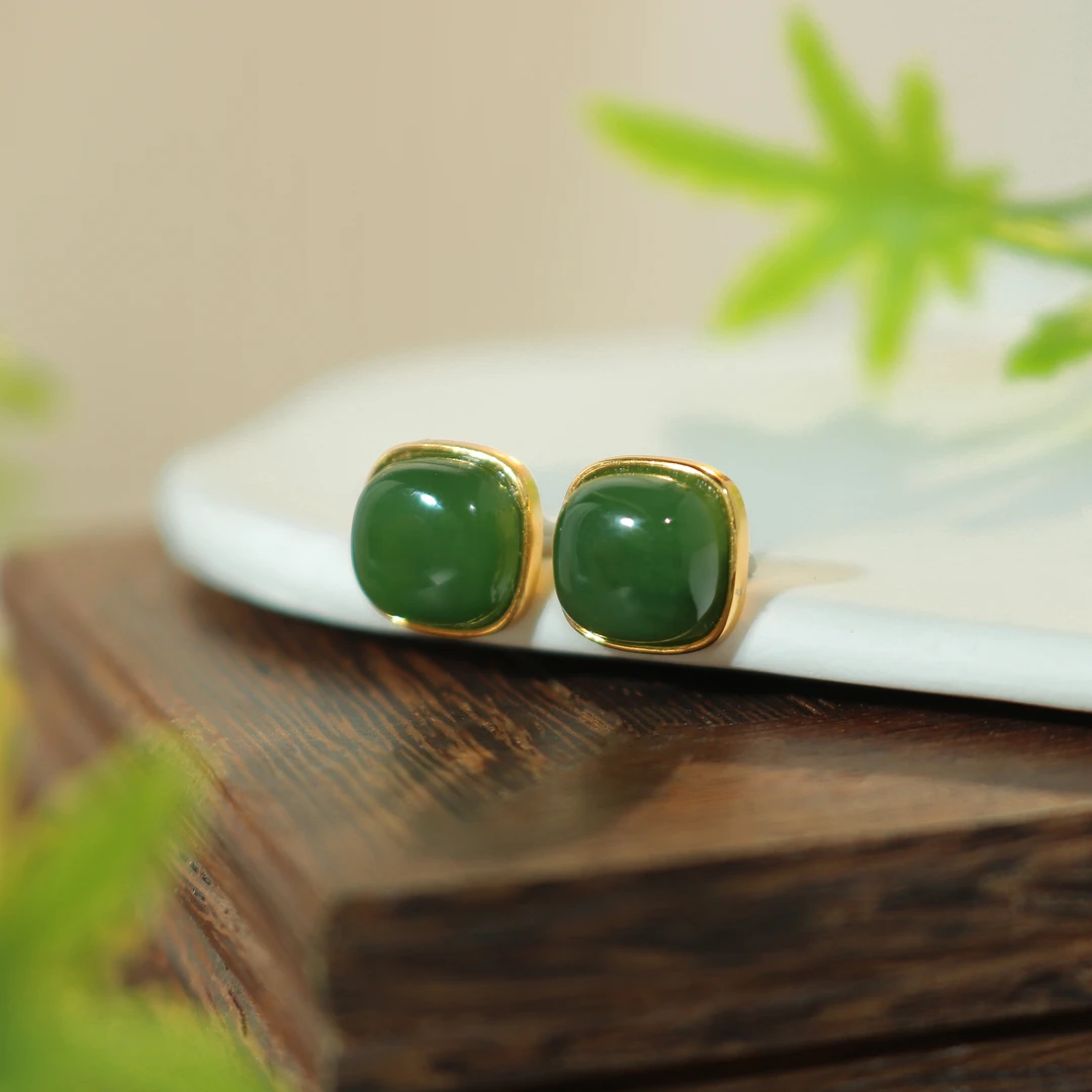 凰一品 碧玉方形耳钉s925
