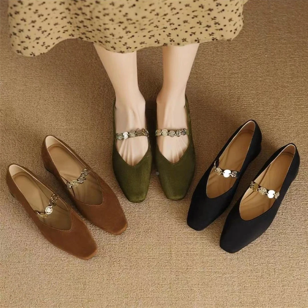 软皮法式方头金币链条玛丽珍鞋女2025新款时尚百搭复古低粗跟单鞋