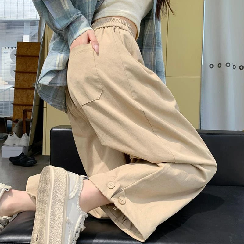 日系复古哈伦工装裤女宽松卷边洗水棉休闲裤松紧腰九分老爹裤秋冬