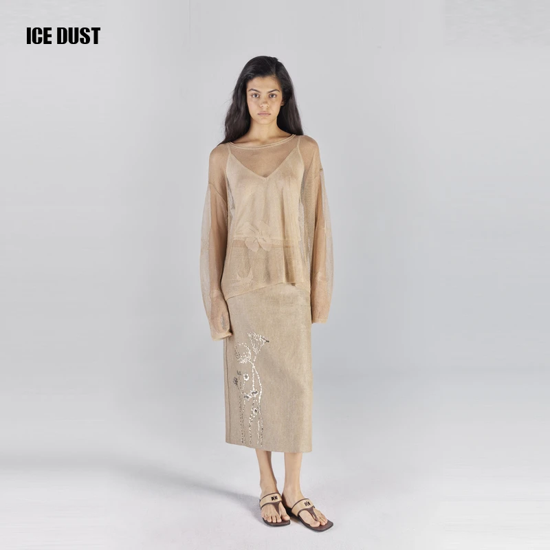 ICEDUST 夏季系列新款亚麻重工花卉珠片设计开叉长款半身裙女士