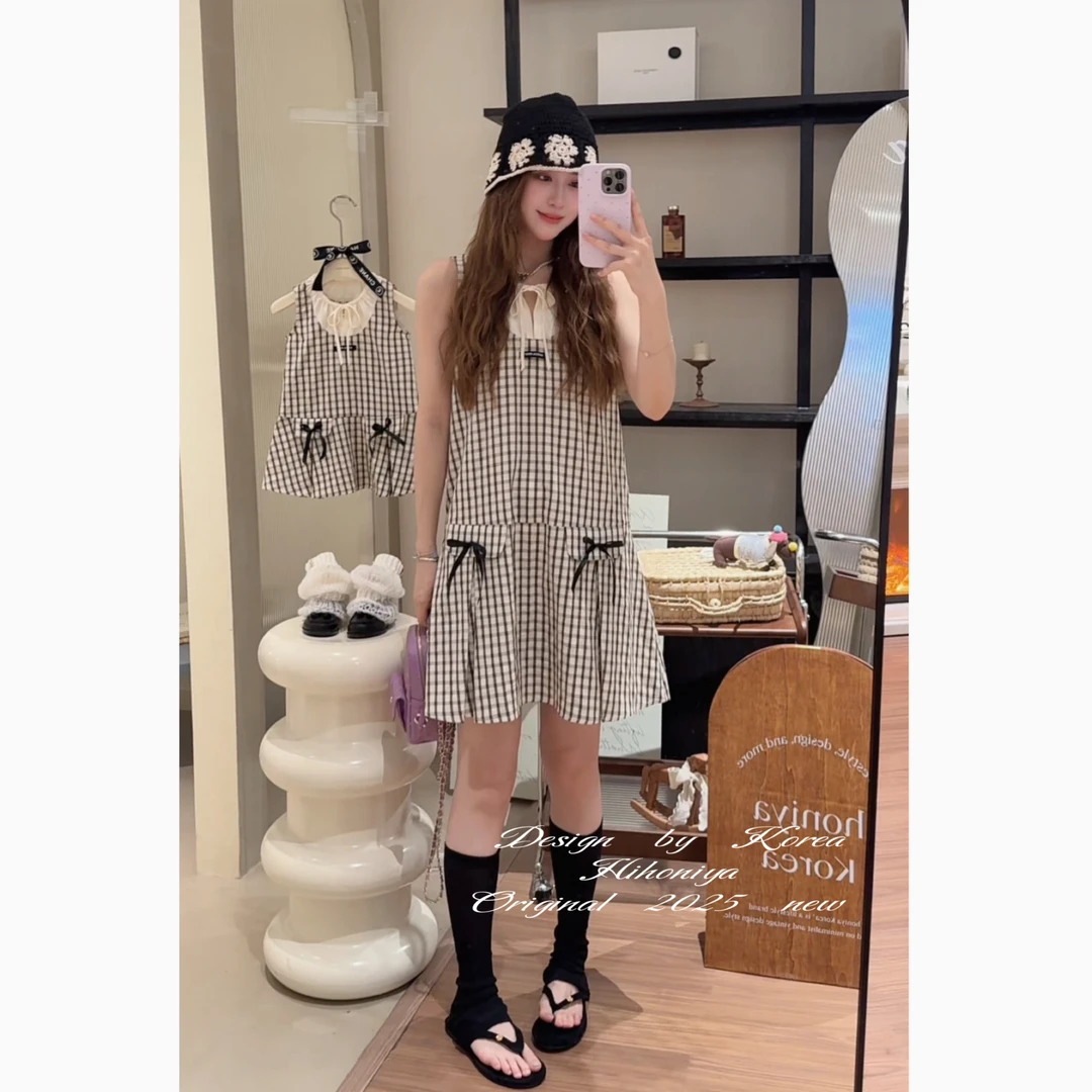 【暗格】二Hihoniya~2025夏季亲子格子蝴蝶结拼接显瘦遮肉背心裙