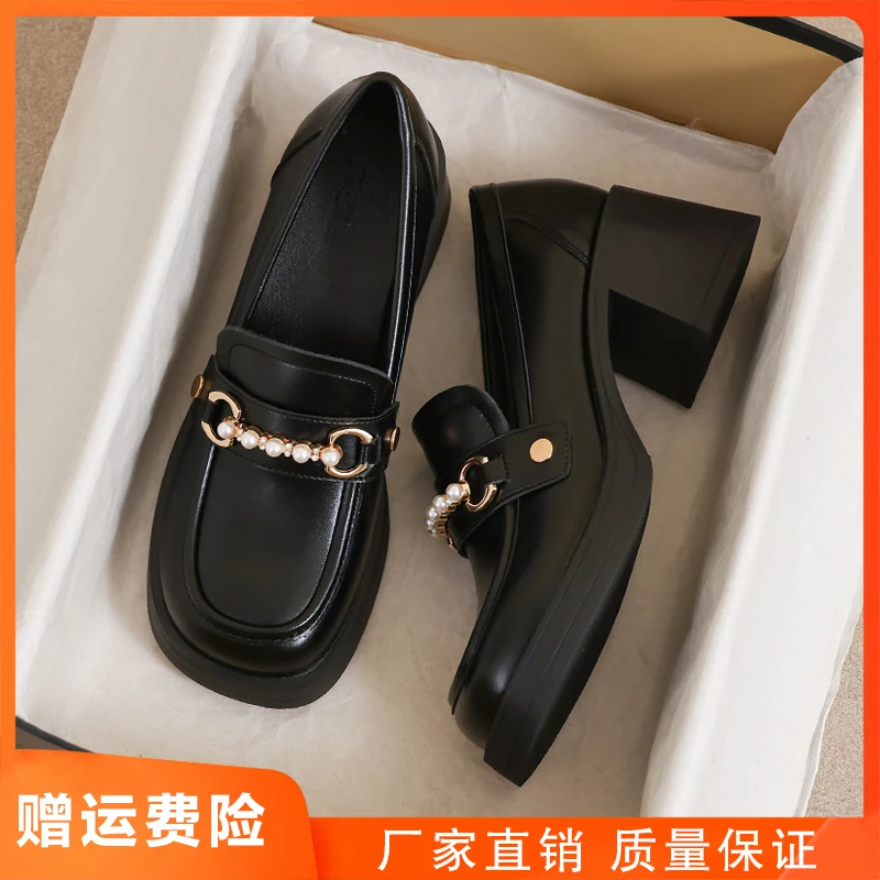 真皮小皮鞋女2025新款秋冬英伦风黑色软底高跟33乐福34码舒适鞋子