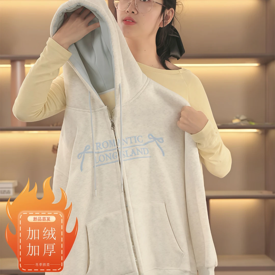 女童加绒加厚极寒外套秋冬2025新款蝴蝶结一体绒保暖卫衣开衫学生