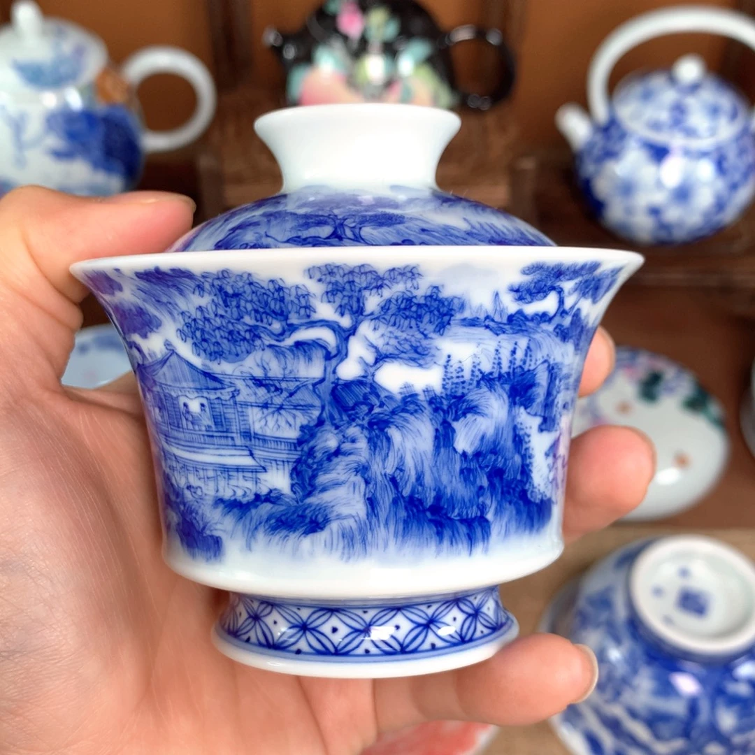 微瑕手工手绘山水马蹄盖碗