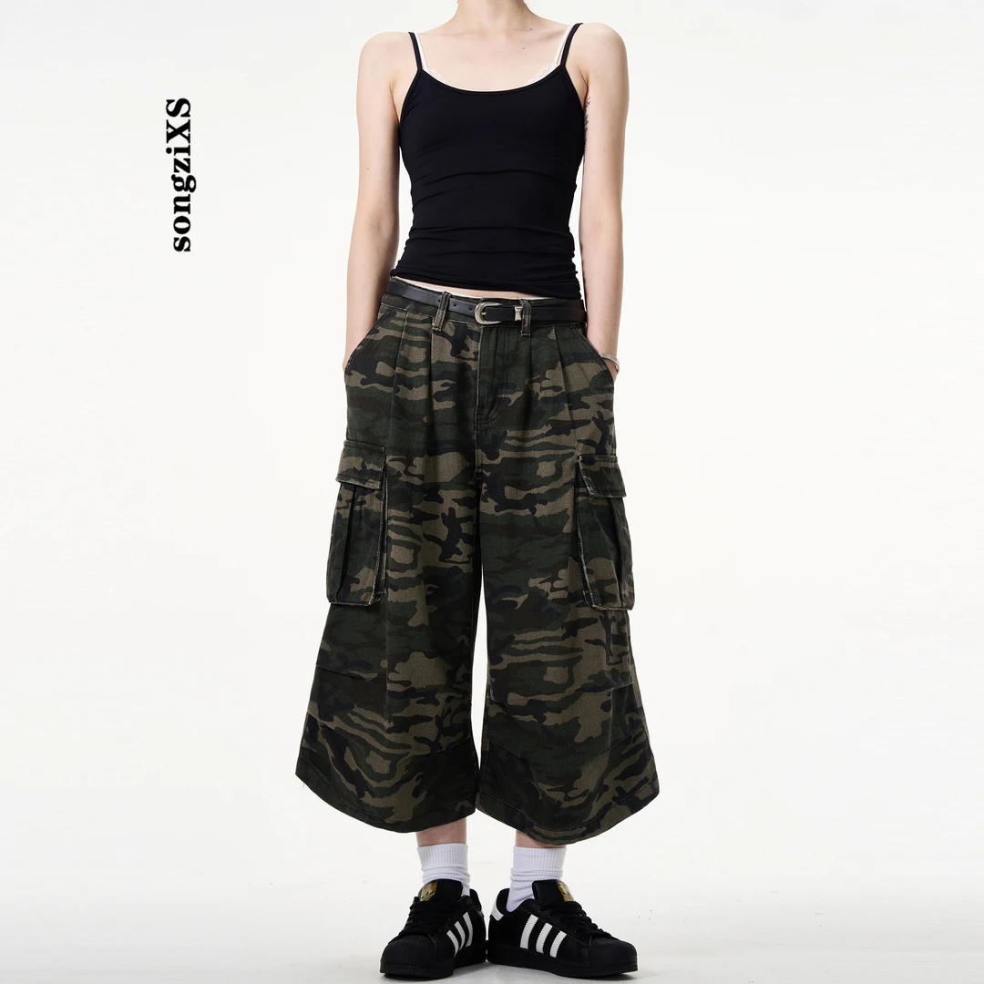 夏季美式复古直筒休闲高街多口袋迷彩伞兵裤工装裤牛仔情侣七分裤
