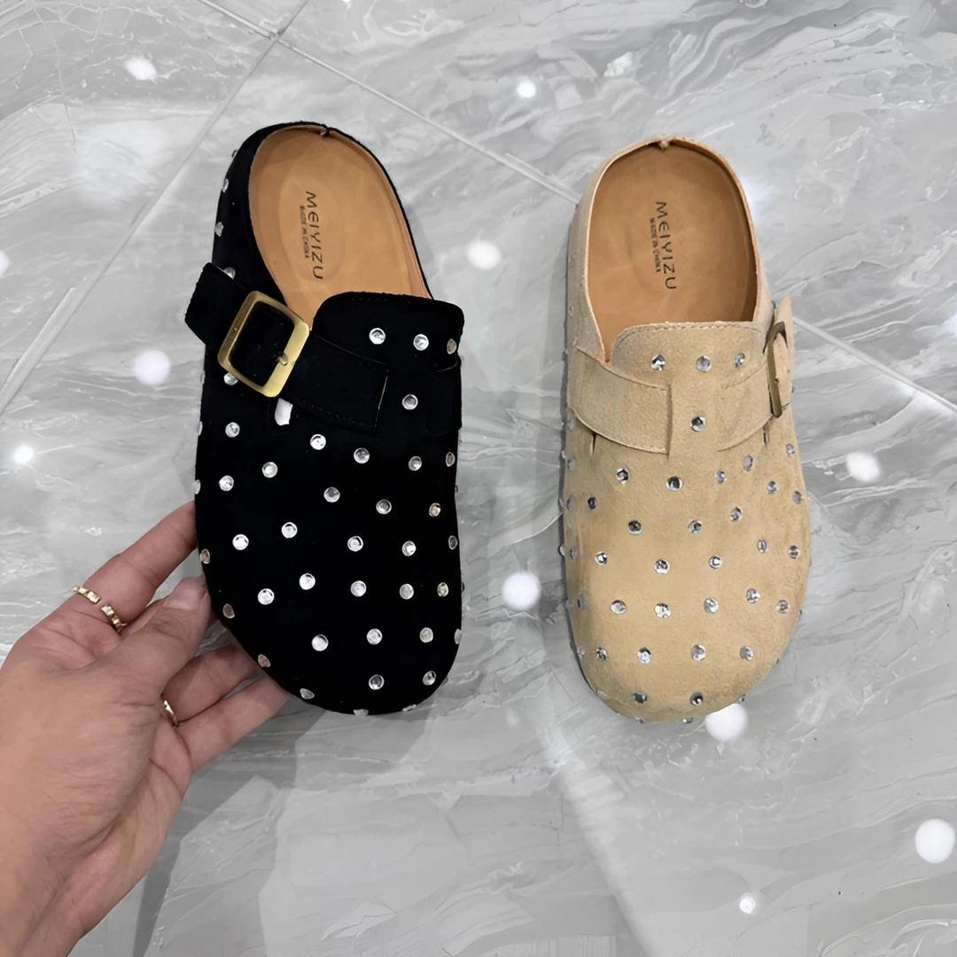 818-5欧洲重工水钻铆钉大头面包鞋博肯鞋平底豆豆鞋半拖鞋女鞋托