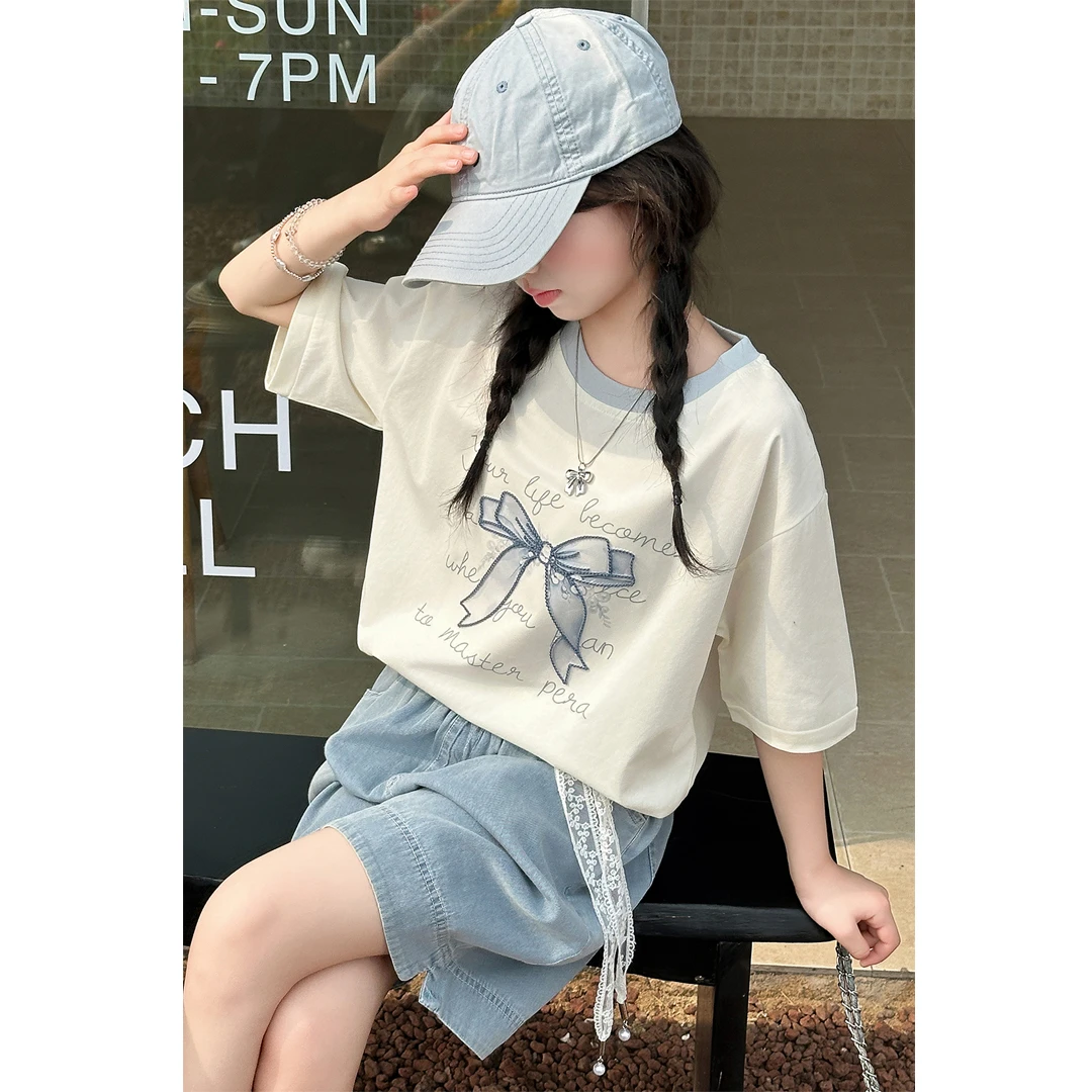 女童套装2025夏季新款童装休闲宽松短袖T恤中大童牛仔中裤两件套