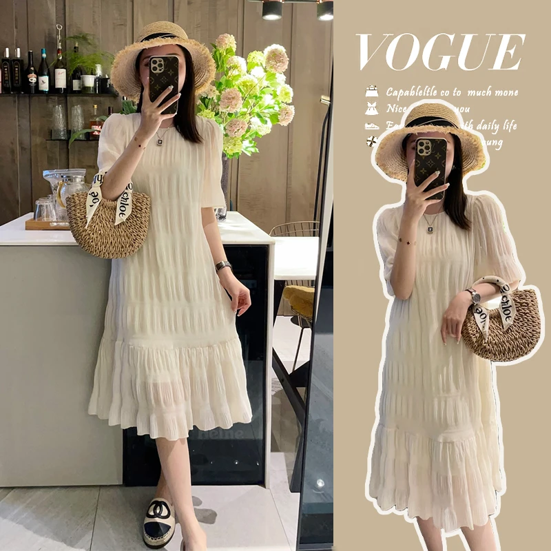 （优质版）孕妇装夏季2025时髦减龄辣妈瘦大方法式肌理感连衣裙