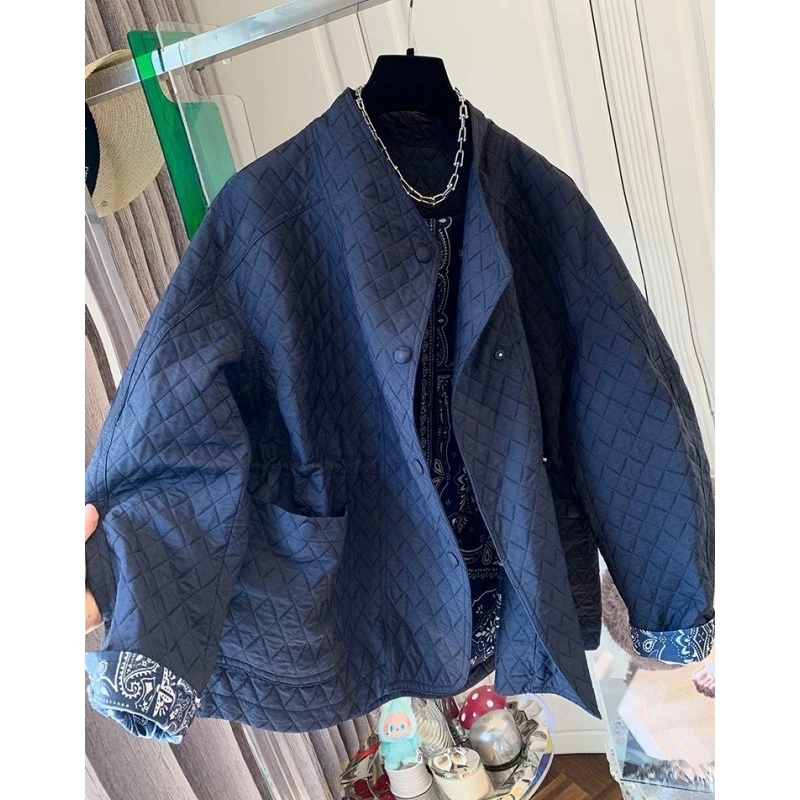 高级感青花瓷气质休闲菱格翻领加厚风衣外套设计感上衣女秋冬新款