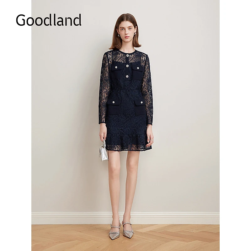 Goodland美地2025春季新款法式优雅浪漫蕾丝荷叶花边连衣裙