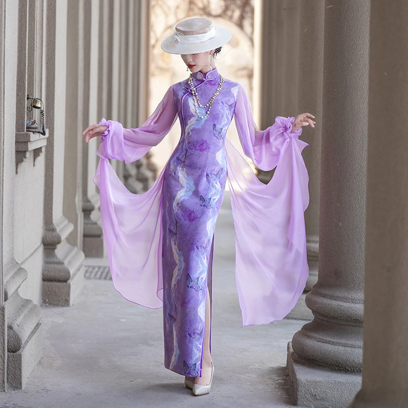 N紫色法式网纱蝴蝶袖走秀超长款旗袍裙古典旗袍舞蹈服2025