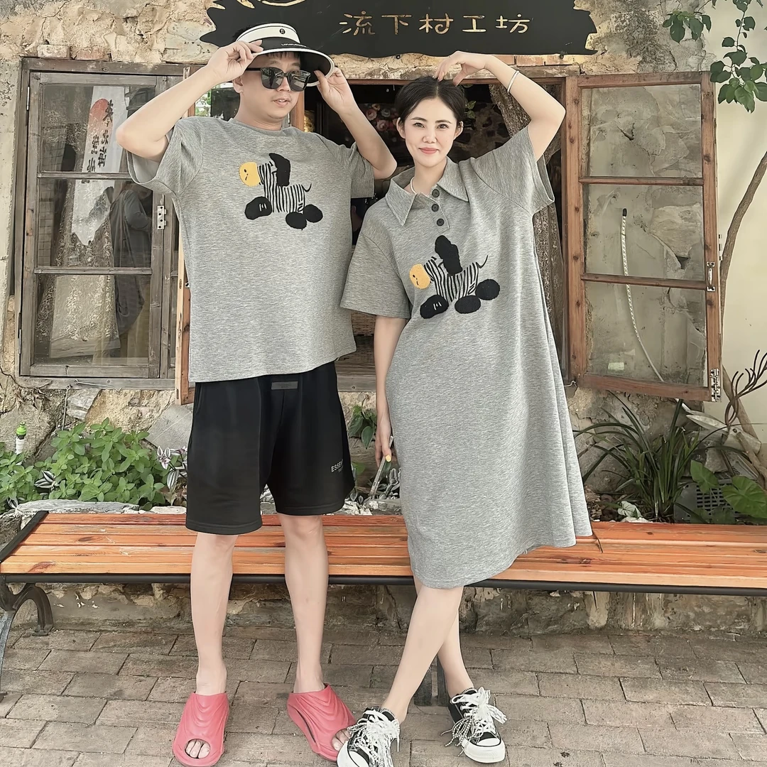 （老三）韩版夏季短袖中长裙POLO领纯色连衣裙网红潮流休闲大码长款