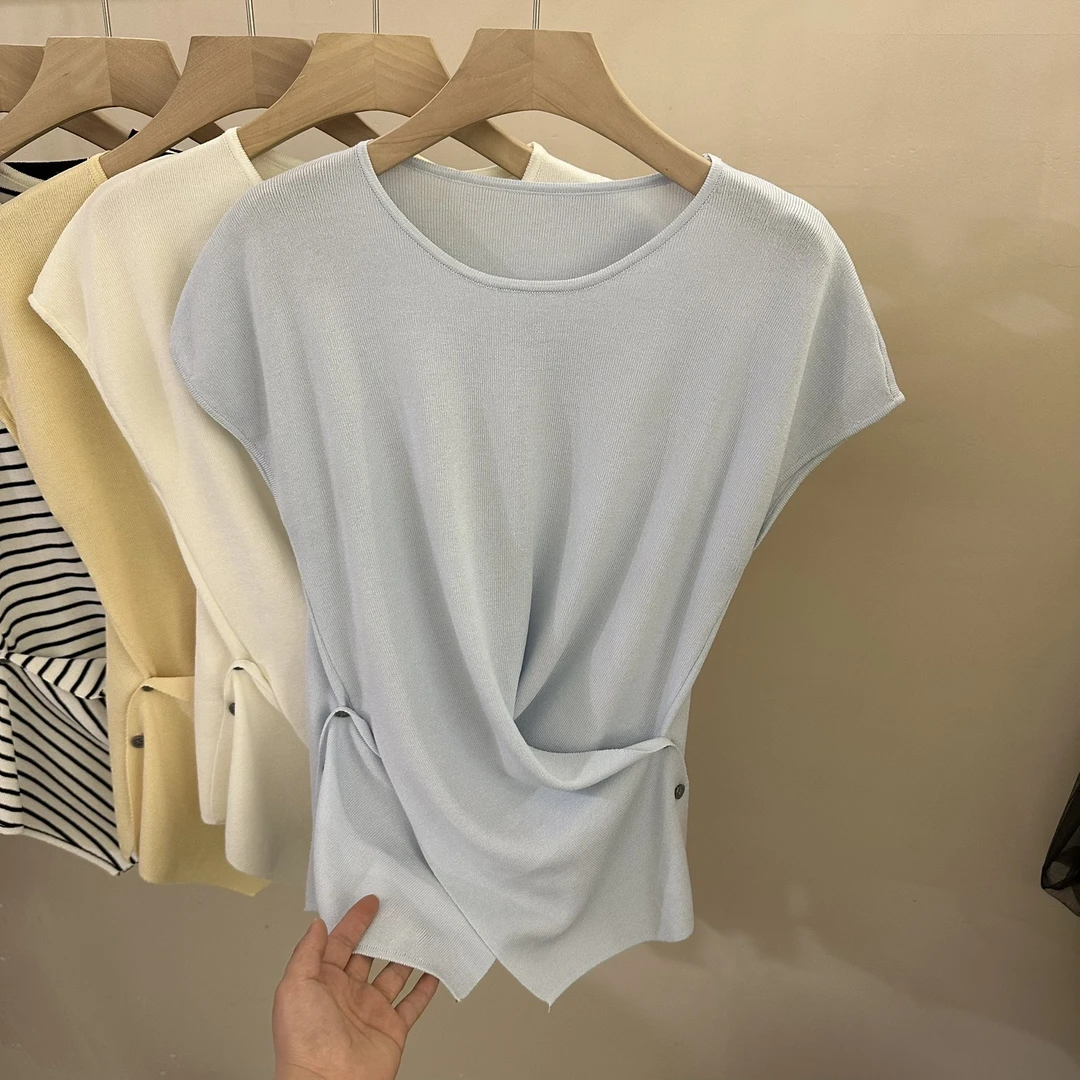 卡莲格/雪花棉显瘦不规则收腰短袖T恤女夏季韩版简约设计感上衣女