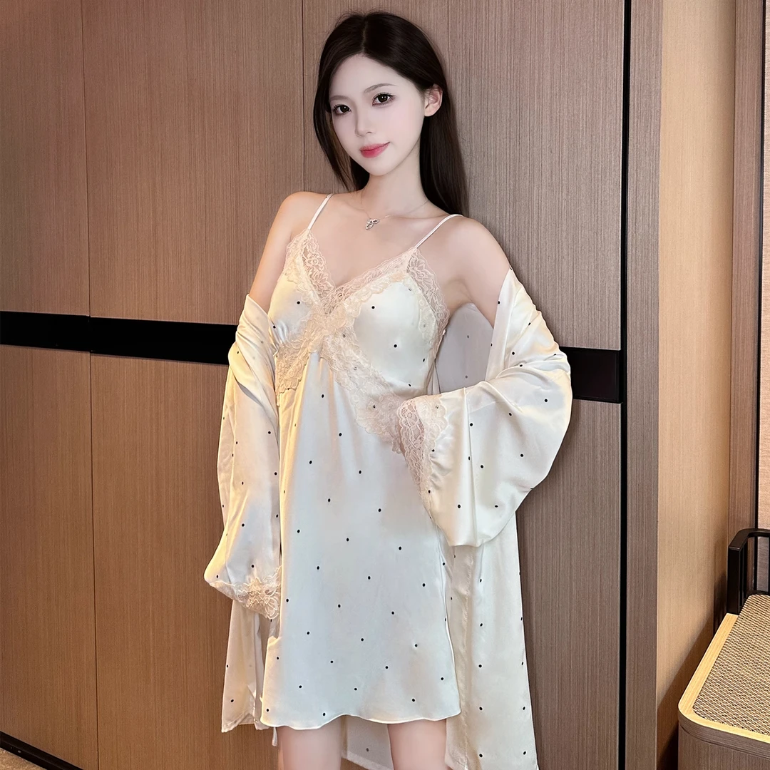 睡裙睡袍冰丝2025新款睡衣女夏季纯欲风蕾丝性感吊带家居服两件套