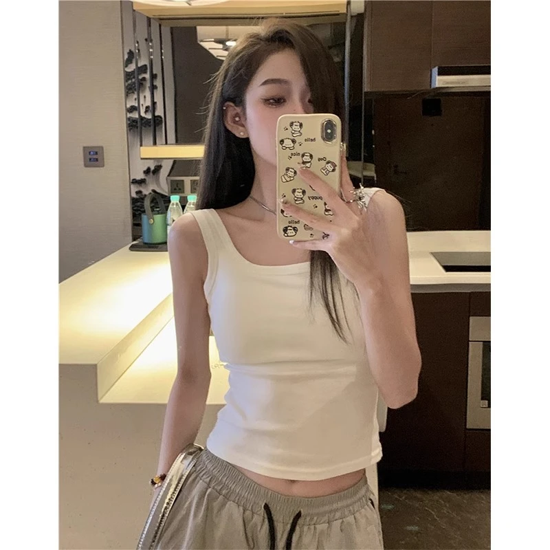 辣妹风白色夏天外穿打底美背吊带背心女带胸垫显瘦修身遮副乳内搭