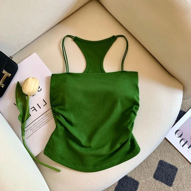 绿色抹胸挂脖露背吊带背心女外穿带胸垫美背文胸一体打底内搭上衣