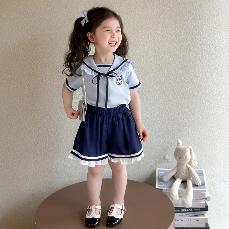 女小童短袖套装夏装2025新款学院风儿童卡通小女孩宝宝短裤两件套