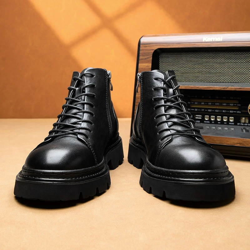 009A-6男士休闲百搭黑色真皮加绒高帮冬季休闲百搭黑色真皮马丁靴