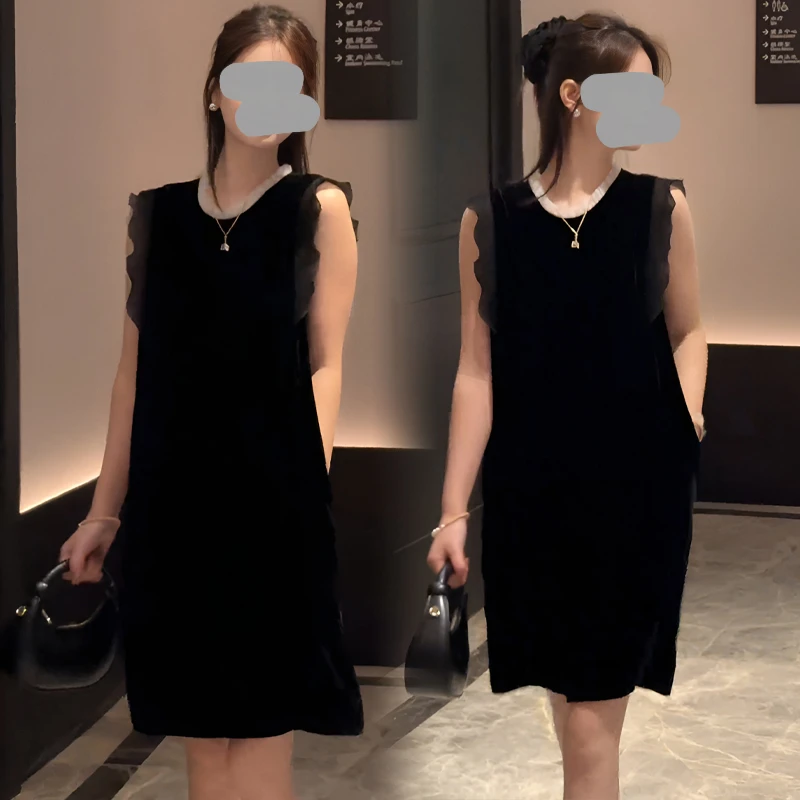 欧洲站2025夏法式木耳花边无袖连衣裙夏季花边撞色宽松休闲裙子女