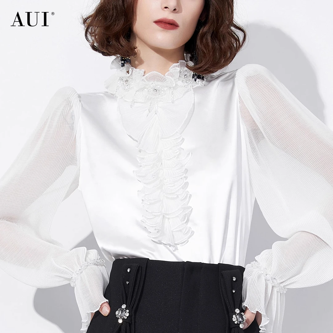 《李易行》AUI白色蕾丝御姐长袖衬衫秋季钉珠圆领衬衣-23Q052800