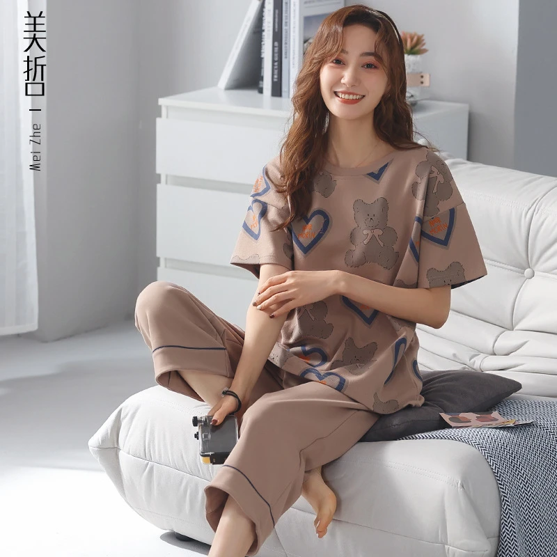 爱心小熊夏季女生圆领套装夏天短袖睡衣舒适透气七分裤家居服外贸