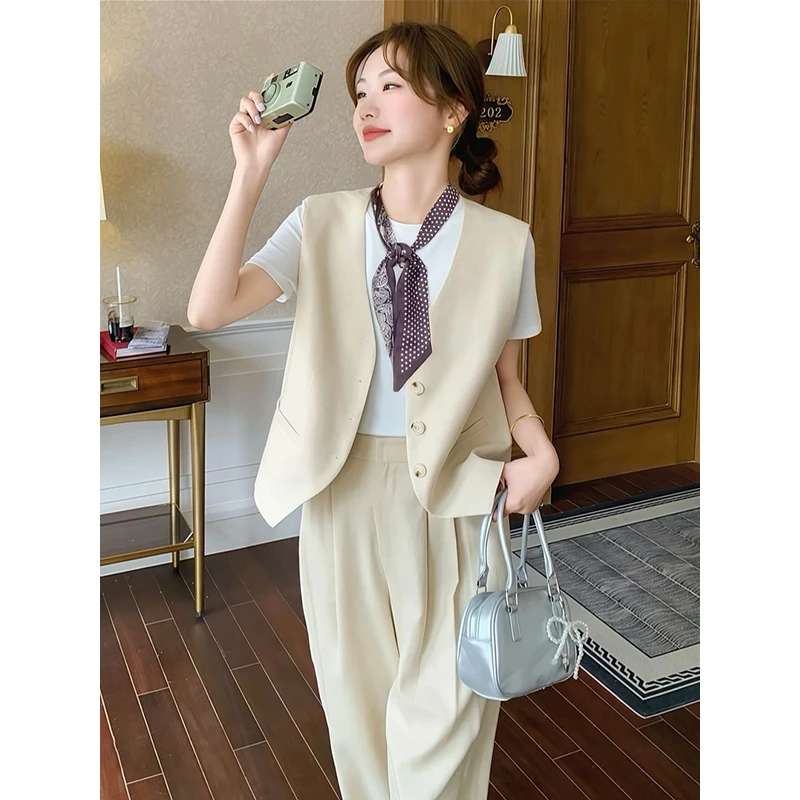轻奢高级感西装马甲套装女2025夏季新款极简风松弛感阔腿裤两件套