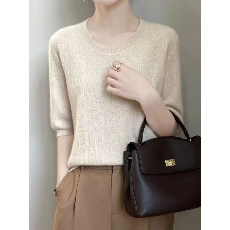 【热卖】25爆款安迪绒圆领钩花欧货小衫上衣洋气中袖针织衫显瘦