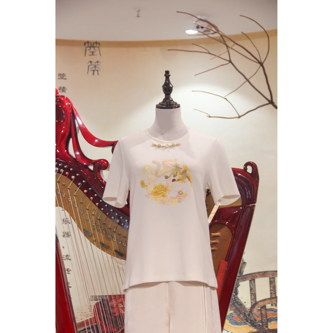 【凤祥】夏季新中式圆领刺绣休闲风舒适短款T恤