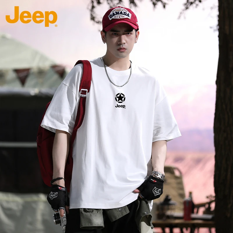 JEEP/吉普短袖T恤男士夏季纯棉青少年重磅美式潮牌复古男装体恤