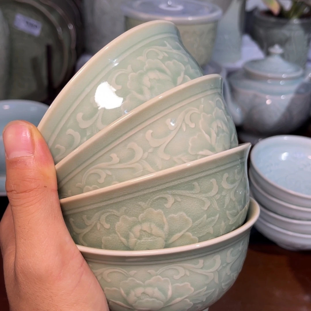 微瑕 4.7 英寸橄榄绿牡丹碗 4 只