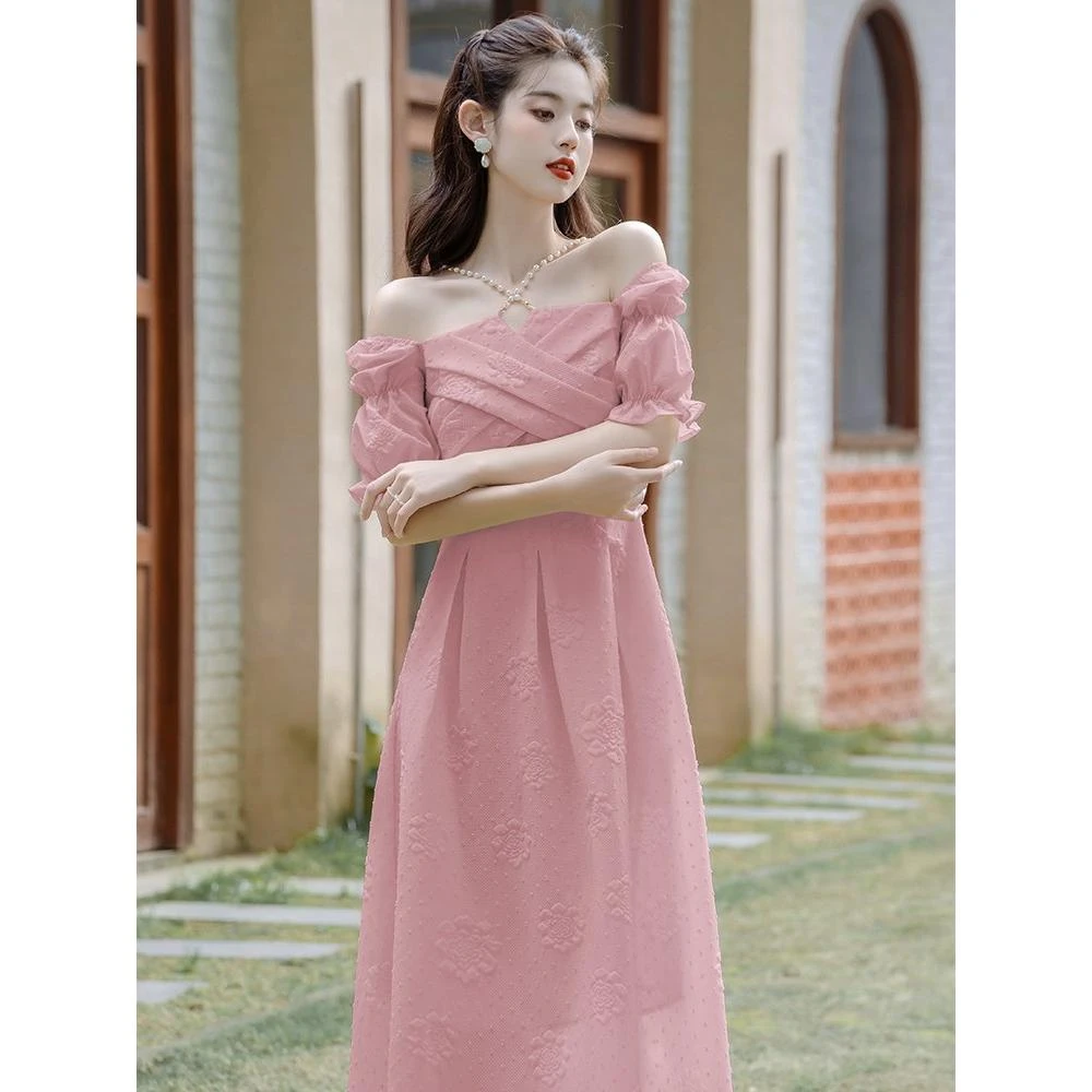 法式甜美连衣裙一字肩设计感公主风成人礼生日礼服夏季