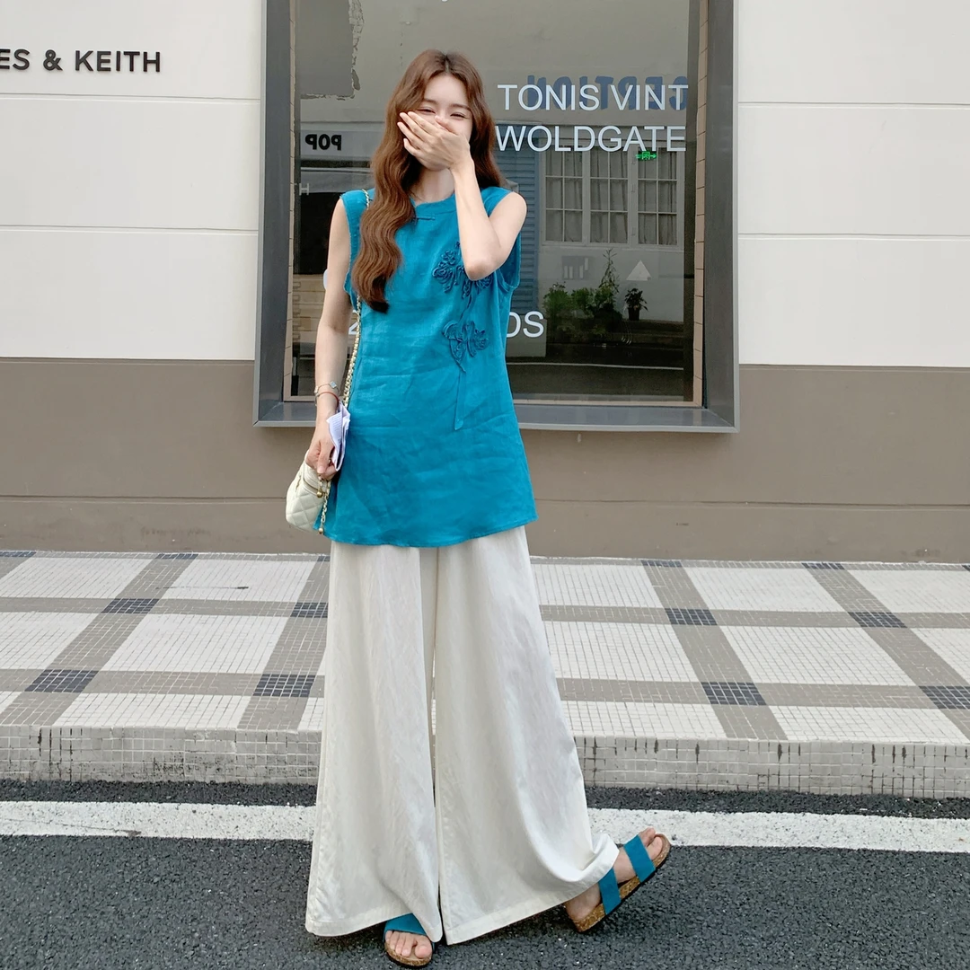 蓝色新中式国风立体花朵亚麻无袖背心套装女夏季休闲阔腿裤两件套