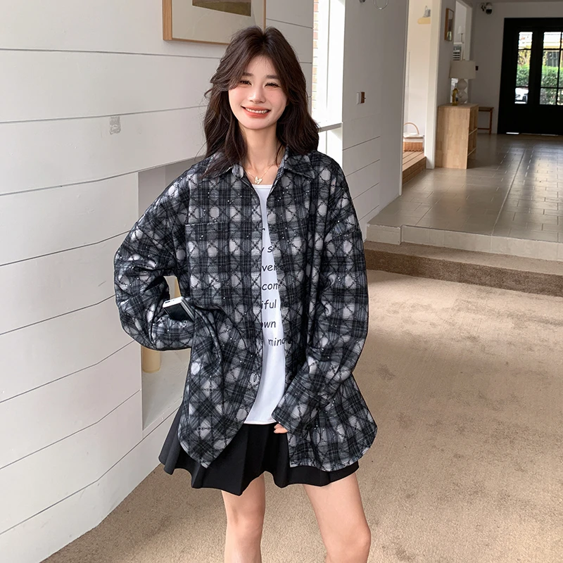 法式复古亮片格子长袖衬衫女2025春季新款宽松休闲设计感上衣外套