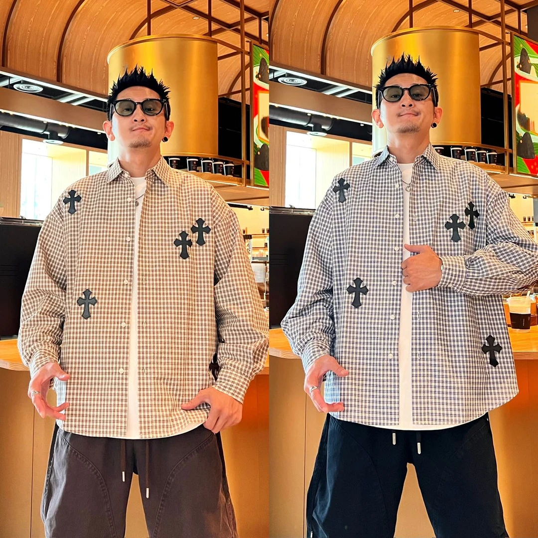 秋季新款时尚百搭潮流休闲宽松个性翻领格子长袖衬衫