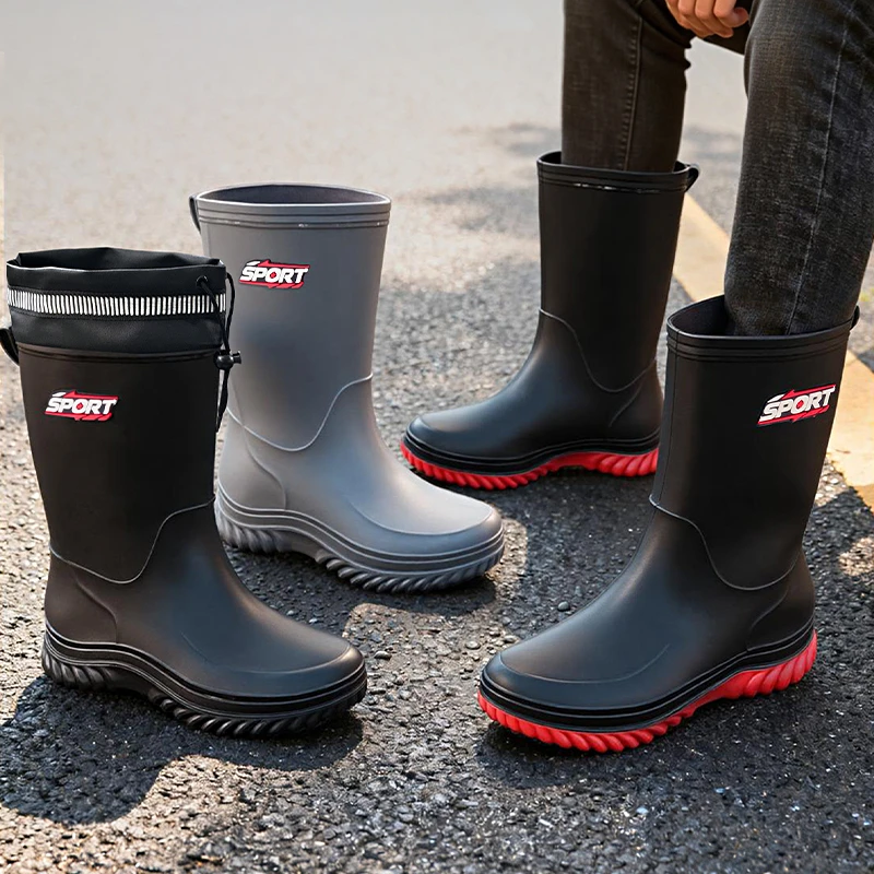 中筒防滑防水厨房鞋一体成型中筒男士雨鞋冬季加厚时尚男士胶鞋