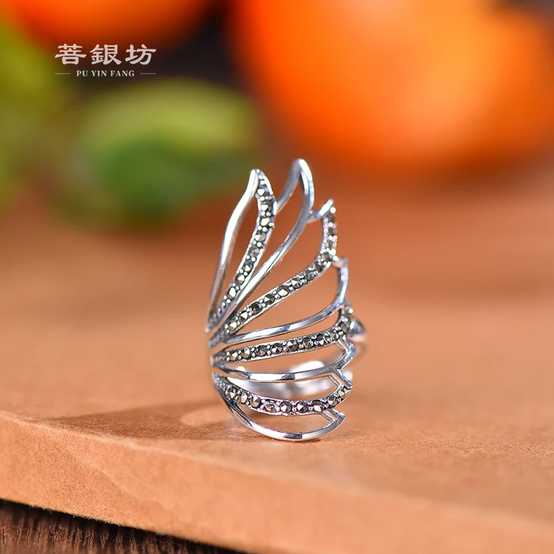 925银戒指 【菩银坊】 天使之翼凤尾戒指手工指环银色民族风礼物