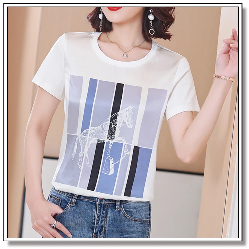 西湖的春天重磅桑蚕丝弹力缎T恤2024新款时尚百搭短袖女款19-97