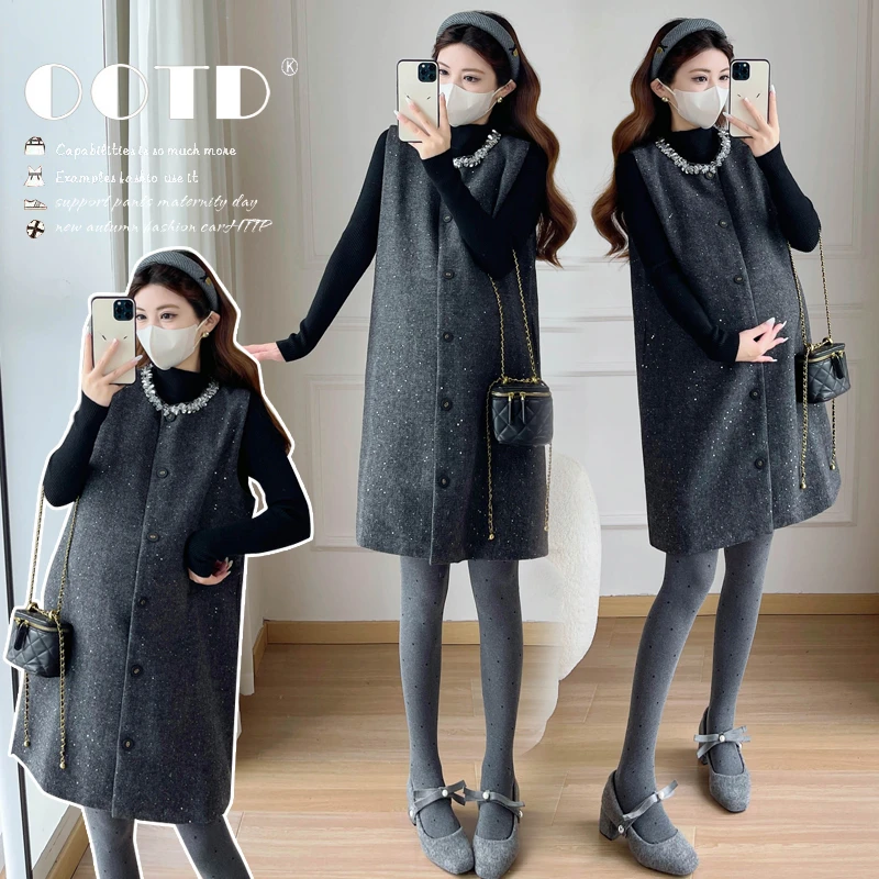 孕妇装小香风重工钉珠连衣裙2025秋冬气质洋气单排扣裙宽松时尚