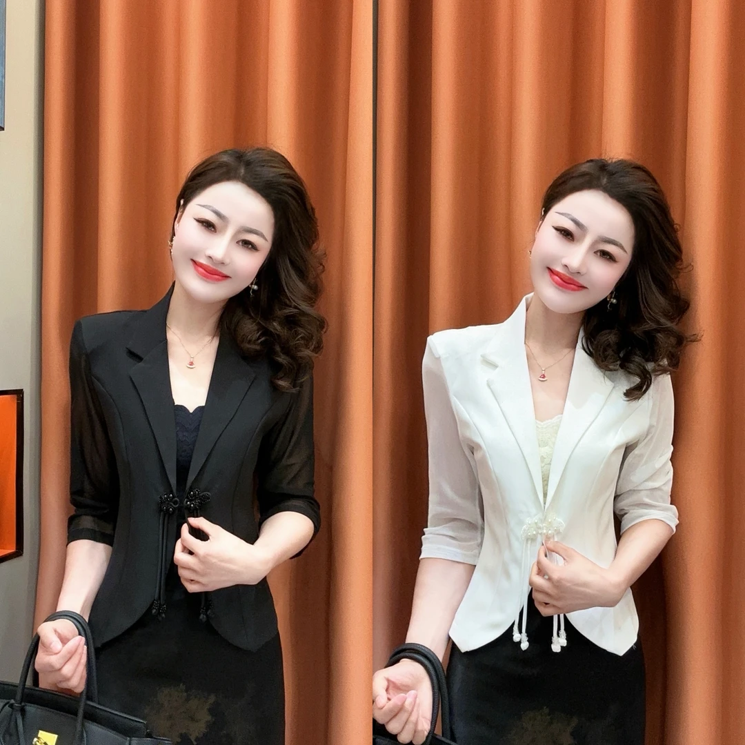 【柏芝推荐】2025春夏新中式盘扣网纱拼接西装外套气质百显瘦上衣