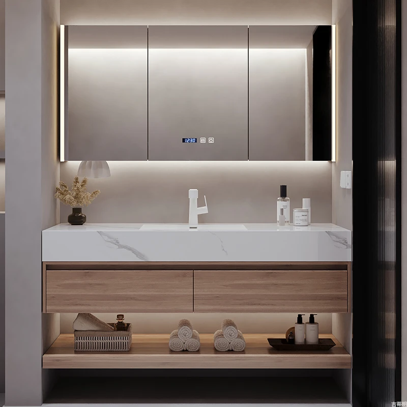 【中古风新中式-岩板无缝盆】定制酒店风智能浴室柜组合洗洗脸盆柜
