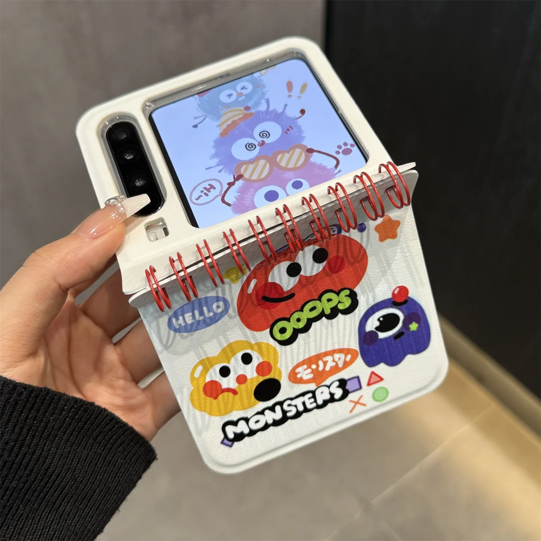 适用华为purax折叠屏手机壳白底皮质pocket2彩色小怪兽翻盖笔记本