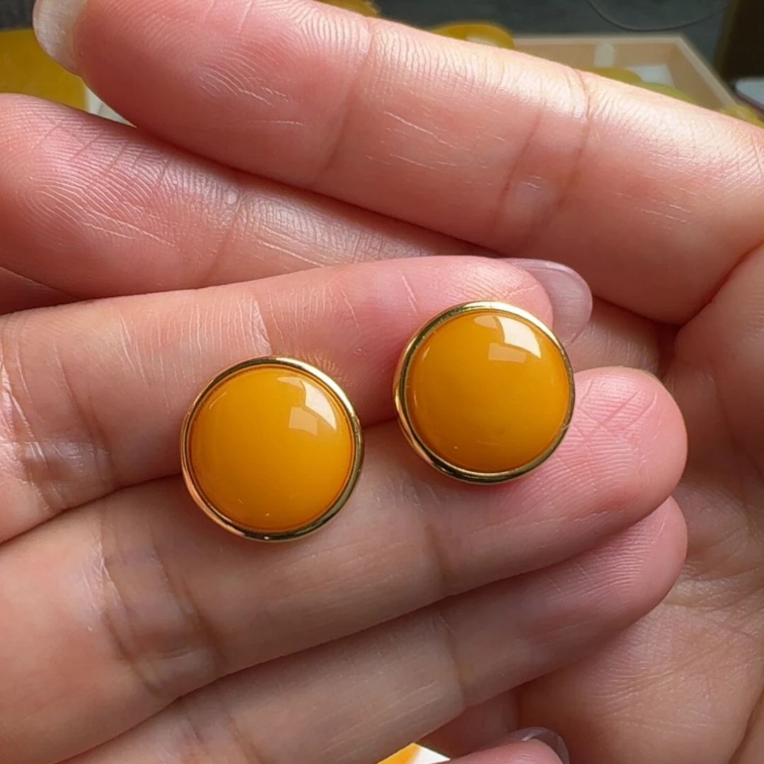 蜜蜡耳钉银S925镀金镶嵌