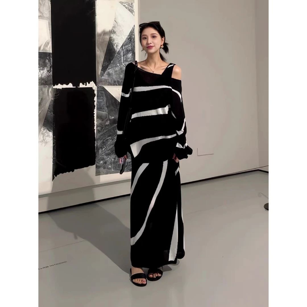 针织吊带连衣裙+长袖上衣2025爆款防晒时尚两件套套装条纹