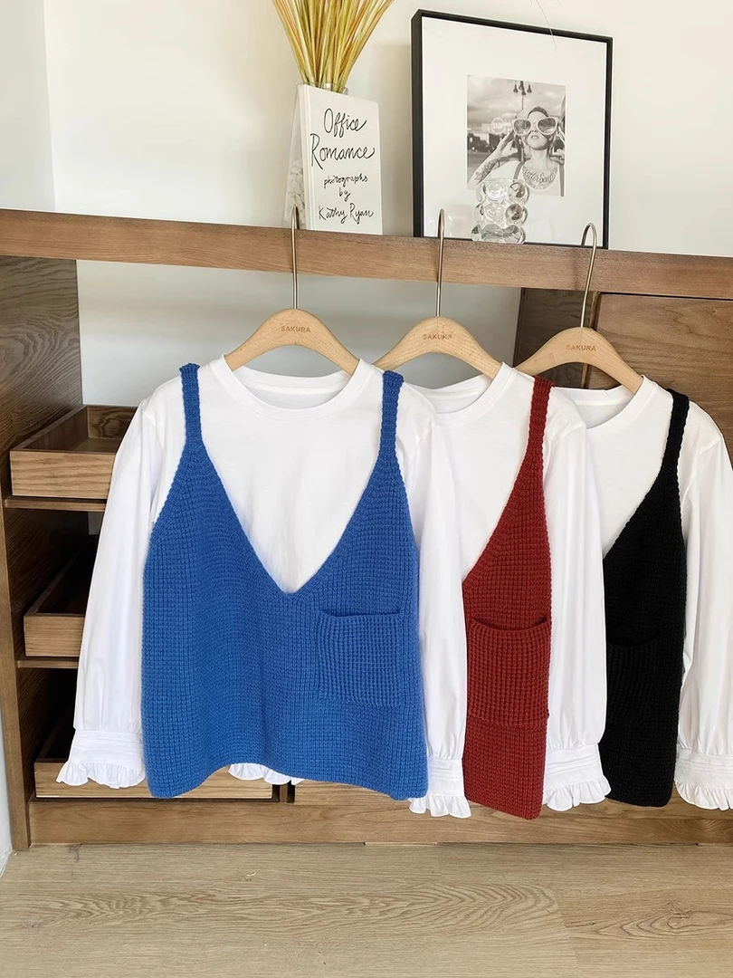 【深V两件】2025年春季新款韩版休闲针织吊带背心+打底衬衫两件套女