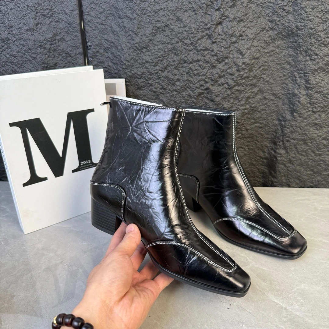 小卿~牛皮4公分/2025秋冬新款真皮短靴方头粗跟瘦瘦靴美拉德7731