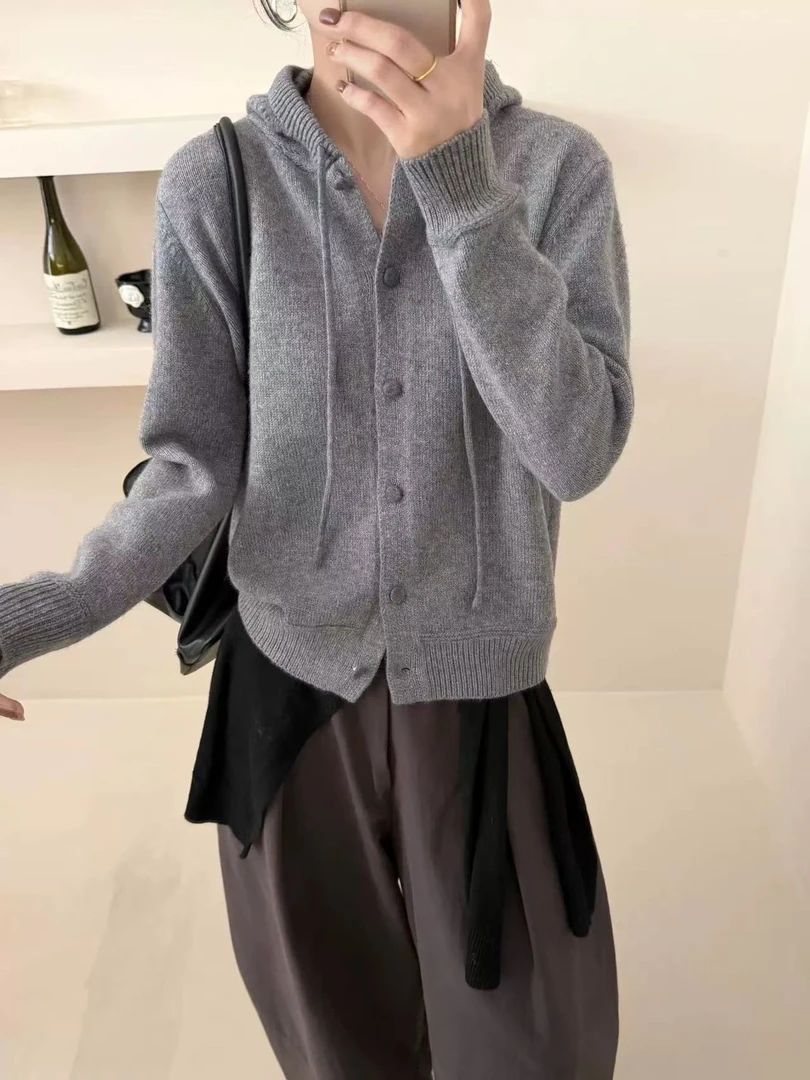 9168-3482 百搭宽松毛衣连帽针织衫开衫