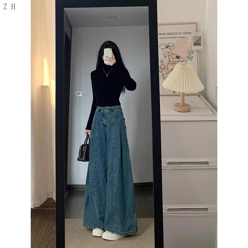 秋季新款大码胖mm都市气质通勤风高腰拖地免烫蓝色阔腿裤