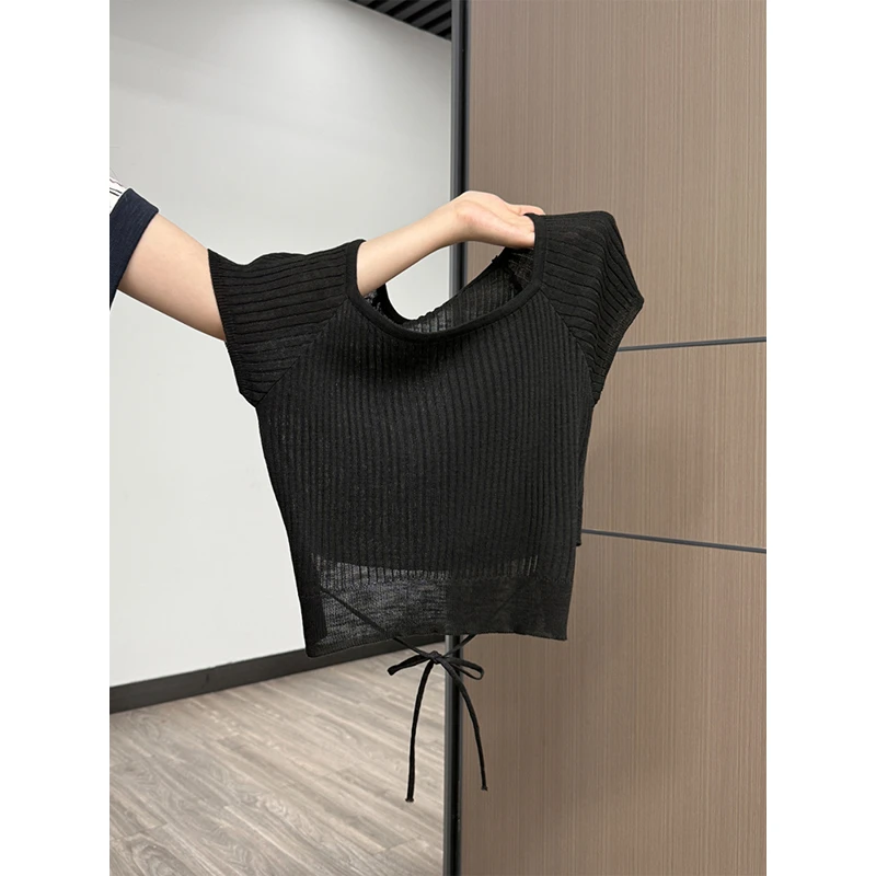 韩系白色系带薄款设计感针织短袖t恤女2025夏季新款修身短款上衣